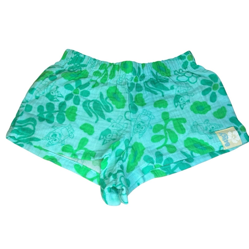 Bluey Shorts‎ Girls Youth X-S 4/5 Green/Blue Floral Print Cotton Lounge NWT